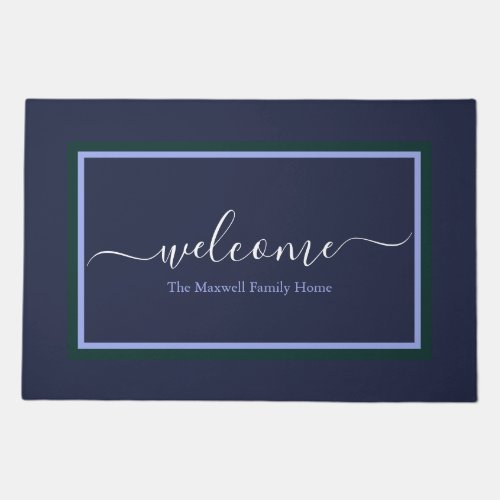 Elegant navy blue script name  doormat