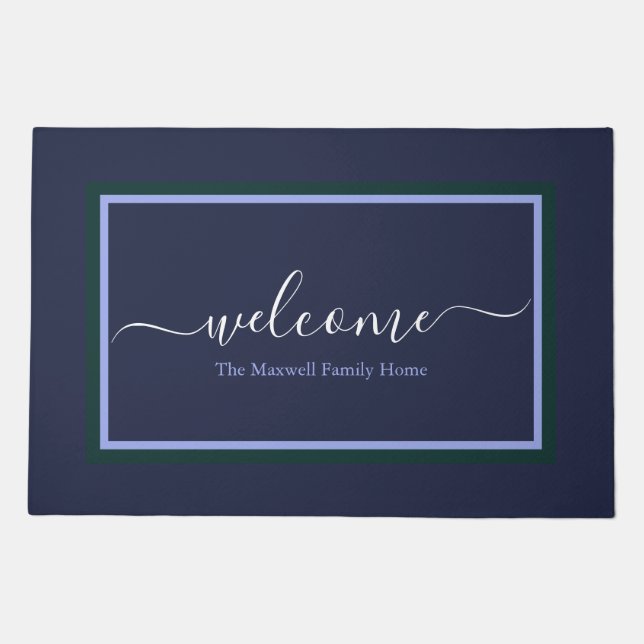 Elegant navy blue script name  doormat (Front)