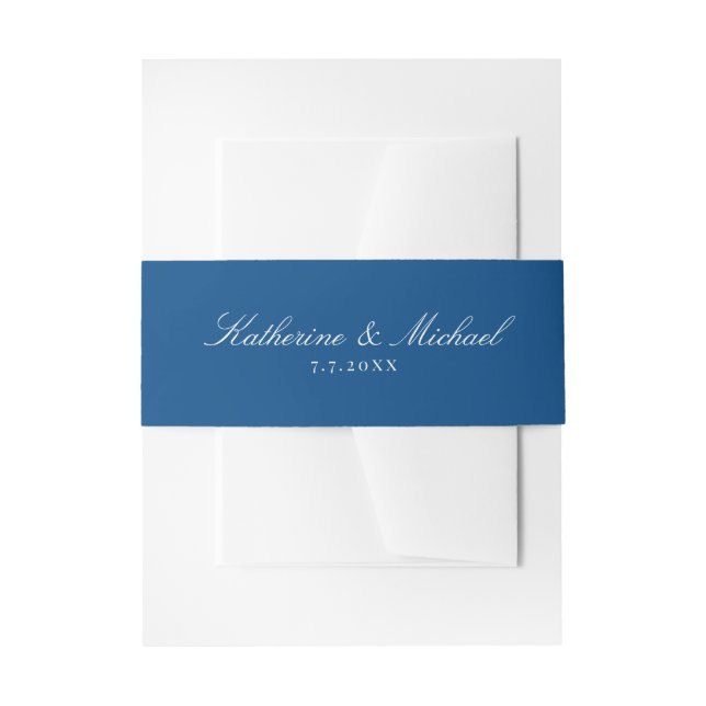 Elegant Navy Blue Script Names Wedding Invitation Belly Band (Front Example)