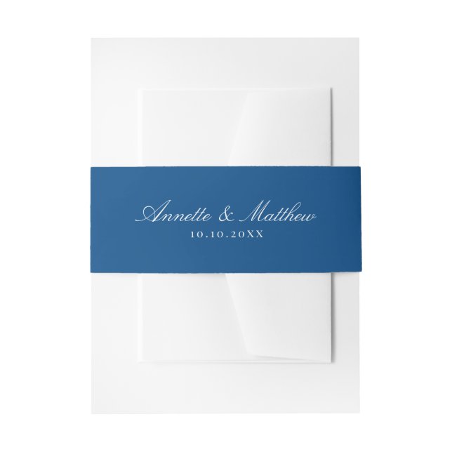 Elegant Navy Blue Script Names Wedding Invitation Belly Band (Front Example)