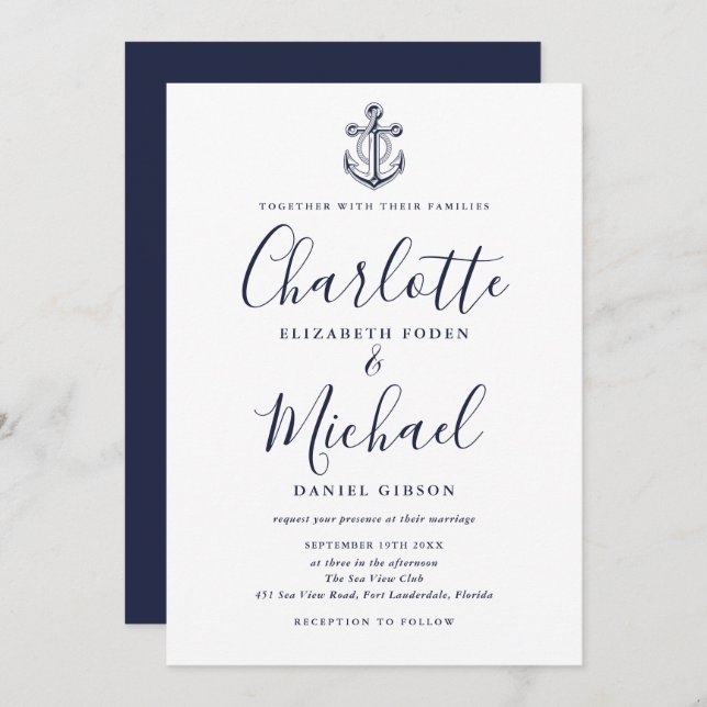 Elegant Navy Blue Script Nautical Anchor Wedding Invitation (Front/Back)