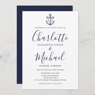 Elegant Navy Blue Script Nautical Anchor Wedding Invitation