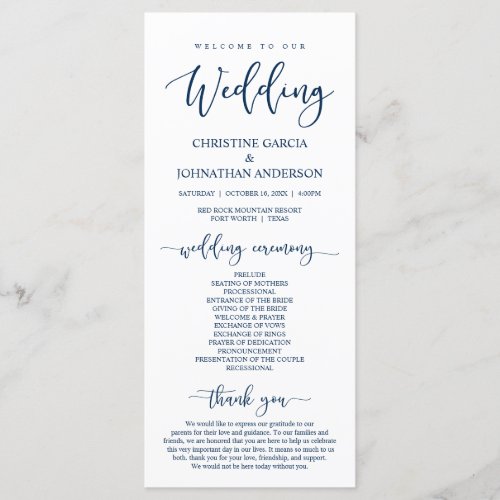 Elegant Navy Blue Script Our Wedding Ceremony Program