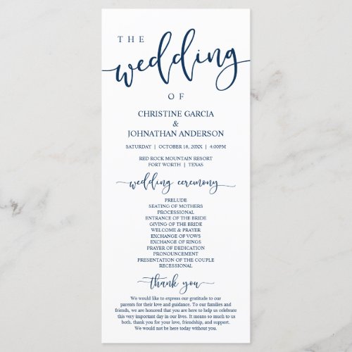 Elegant Navy Blue Script Our Wedding Ceremony Program