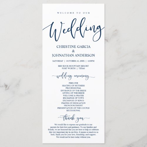 Elegant Navy Blue Script Our Wedding Ceremony Program