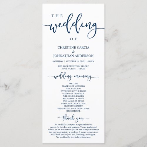 Elegant Navy Blue Script Our Wedding Ceremony Program