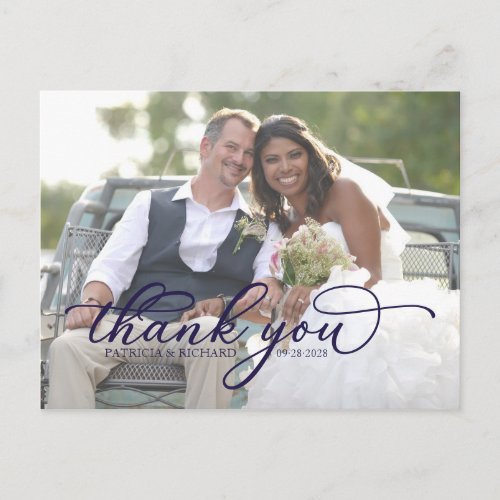 Elegant Navy Blue Script Photo Thank You Postcard