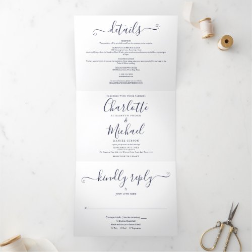 Elegant Navy Blue Script Photo Wedding Tri_Fold Invitation