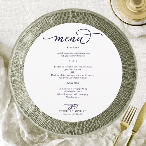 Elegant Navy Blue Script Round Wedding Menu