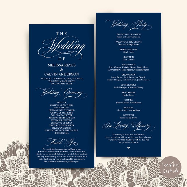 Elegant Navy Blue Script Wedding Ceremony Program (Elegant Navy Blue Script Wedding Ceremony Order Program Card)