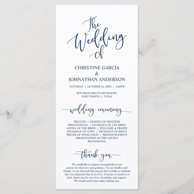 Elegant Navy Blue script, Wedding Ceremony Program (Front)