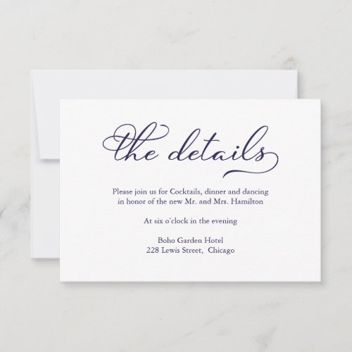 Elegant Navy Blue Script Wedding Details Card