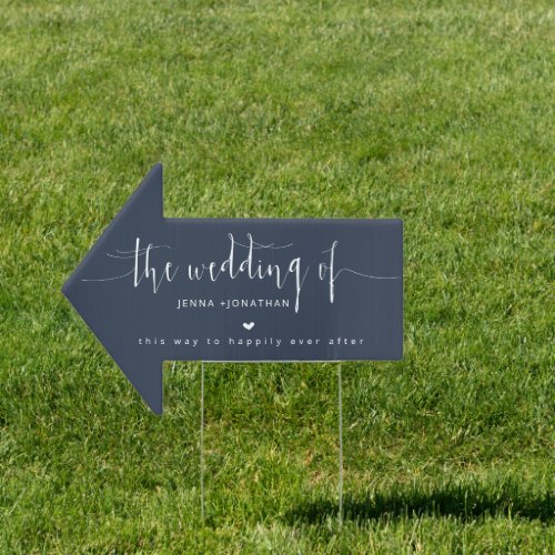 Elegant Navy Blue Script Wedding Direction Arrow Sign