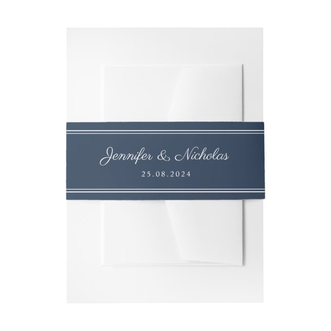 Elegant Navy Blue Script Wedding Invitation Belly Band (Front Example)