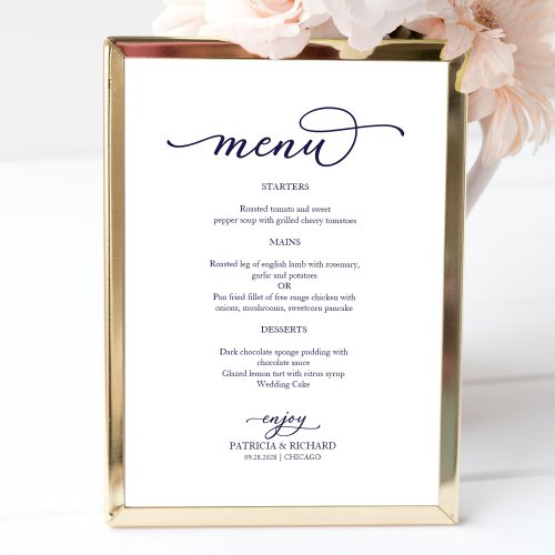 Elegant Navy Blue Script Wedding Menu Sign