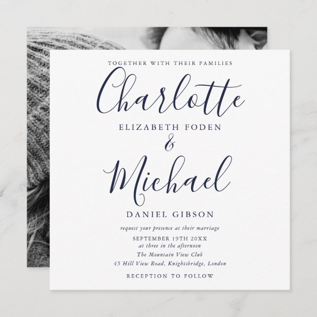 Elegant Navy Blue Script Wedding Photo Invitation (Front/Back)