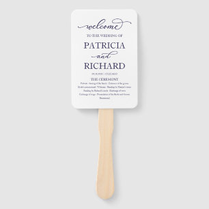 Elegant Navy Blue Script Wedding Program Hand Fan