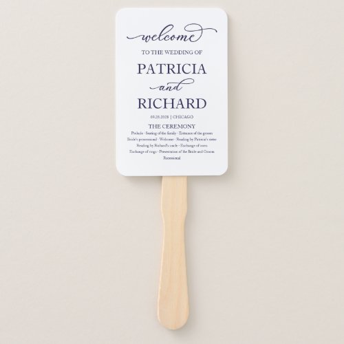 Elegant Navy Blue Script Wedding Program Hand Fan