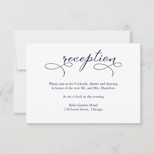 Elegant Navy Blue Script Wedding Reception Card (Front)
