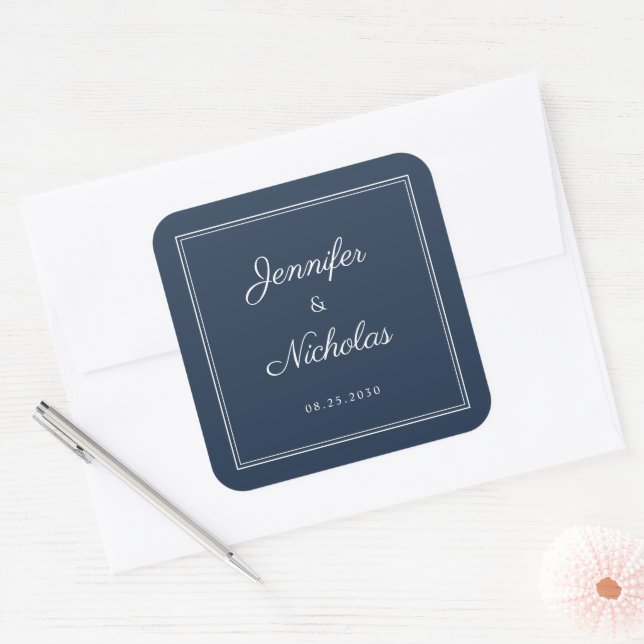 Elegant Navy Blue Script Wedding Square Sticker (Envelope)