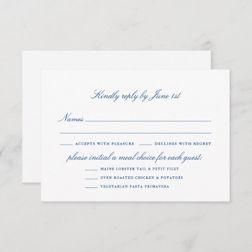 Elegant Navy Blue Script With Meal Options RSVP Card