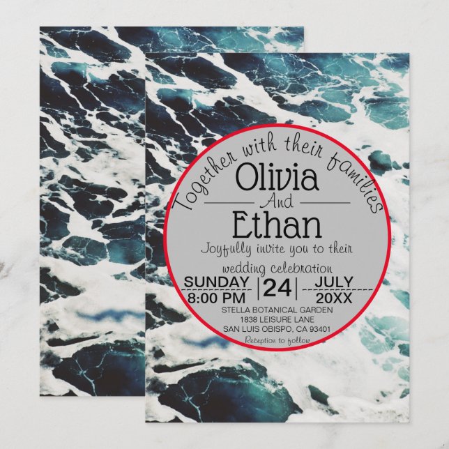 Elegant Navy Blue Sea Waves Coastal Wedding Invitation (Front/Back)