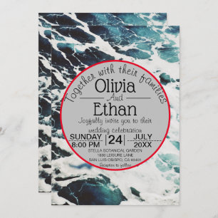 Elegant Navy Blue Sea Waves Coastal Wedding Invitation