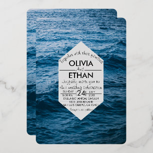 Elegant Navy Blue Sea Waves Summer Wedding Foil Invitation