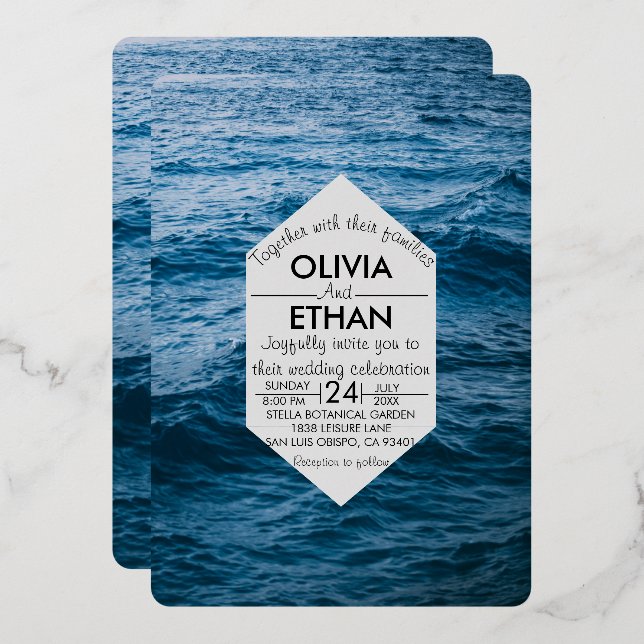 Elegant Navy Blue Sea Waves Summer Wedding Foil Invitation (Front/Back)
