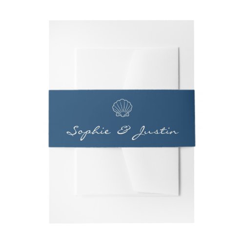 Elegant Navy Blue Seashell Wedding Invitation Belly Band