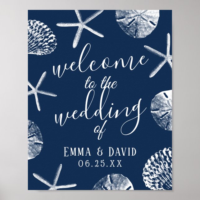 Elegant Navy Blue Seashells Beach Wedding Welcome Poster (Front)