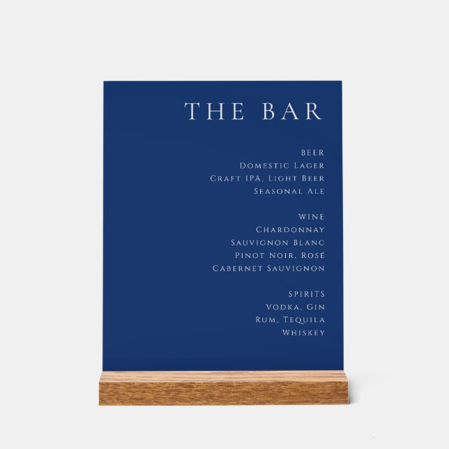 Elegant Navy Blue Serif Bar Menu Acrylic Sign (Front)