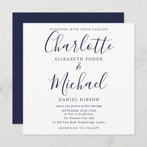 Elegant Navy Blue Signature Script Wedding Invitation