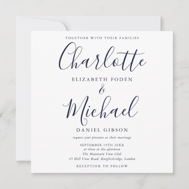 Elegant Navy Blue Signature Script Wedding Invitation (Front)