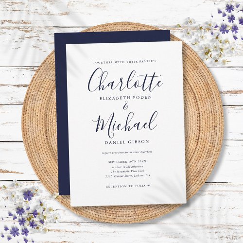 Elegant Navy Blue Signature Script Wedding Invitation