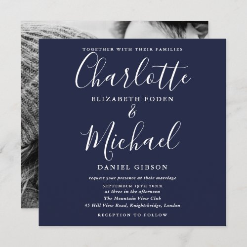 Elegant Navy Blue Signature Wedding Photo  Invitation