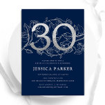 Elegant Navy Blue Silver 30th Birthday Invitation<br><div class="desc">Elegant navy blue silver 30th birthday party invitation. Customizable modern feminine design featuring roses botanical accents and faux glitter silver. Simple floral invite card perfect for a stylish female bday celebration. Personalize with your own details. Printed Zazzle invitations or instant download digital printable template.</div>