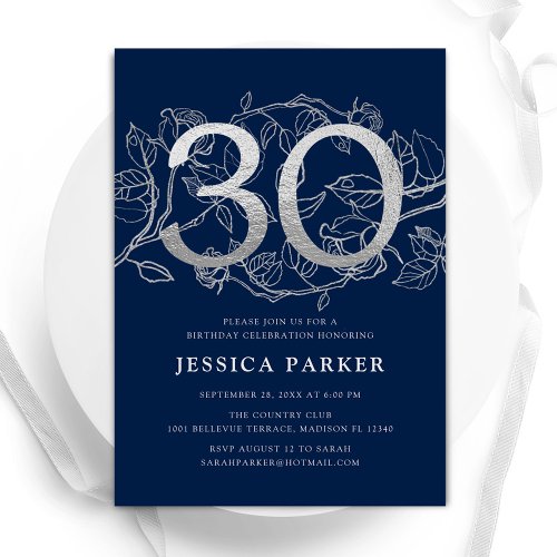 Elegant Navy Blue Silver 30th Birthday Invitation