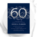 Elegant Navy Blue Silver 60th Birthday Invitation<br><div class="desc">Elegant navy blue silver 60th birthday party invitation. Customizable modern feminine design featuring roses botanical accents and faux glitter silver. Simple floral invite card perfect for a stylish female bday celebration. Personalize with your own details. Printed Zazzle invitations or instant download digital printable template.</div>