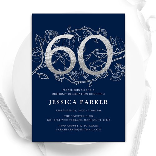 Elegant Navy Blue Silver 60th Birthday Invitation