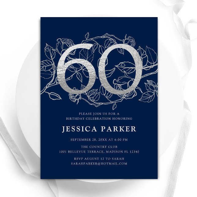 Elegant Navy Blue Silver 60th Birthday Invitation (Creator Uploaded)