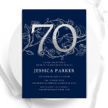Elegant Navy Blue Silver 70th Birthday Invitation<br><div class="desc">Elegant navy blue silver 70th birthday party invitation. Customizable modern feminine design featuring roses botanical accents and faux glitter silver. Simple floral invite card perfect for a stylish female bday celebration. Personalize with your own details. Printed Zazzle invitations or instant download digital printable template.</div>