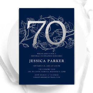 Elegant Navy Blue Silver 70th Birthday Invitation