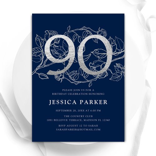 Elegant Navy Blue Silver 90th Birthday Invitation