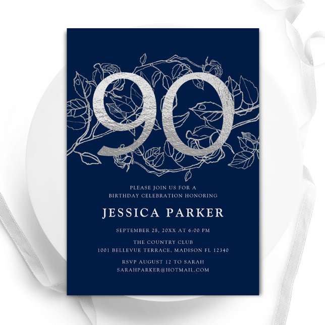 Elegant Navy Blue Silver 90th Birthday Invitation (Creator Uploaded)
