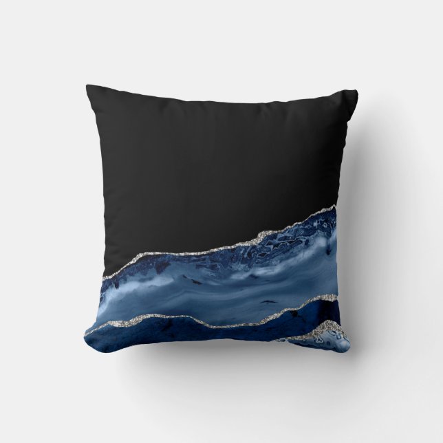 Elegant Navy Blue & Silver Agate Throw Pillow (Front)