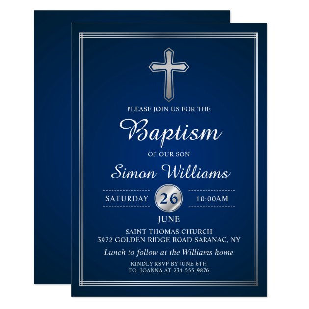 Elegant Navy Blue Silver Boy Baptism Invitation