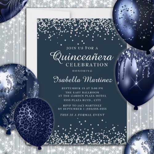 Elegant Navy Blue Silver Confetti Quinceaera Invitation