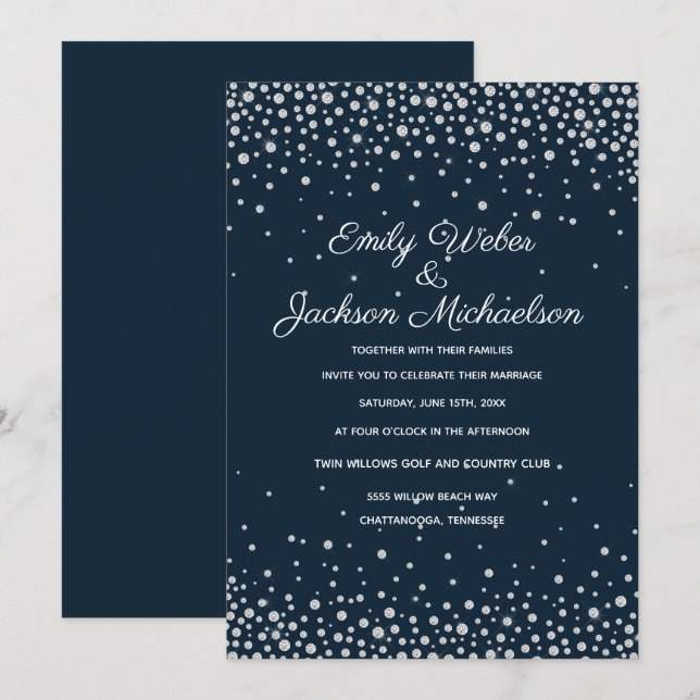Elegant Navy Blue Silver Diamond Confetti Wedding Invitation (Front/Back)