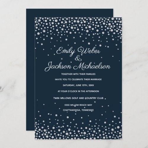 Elegant Navy Blue Silver Diamond Confetti Wedding Invitation